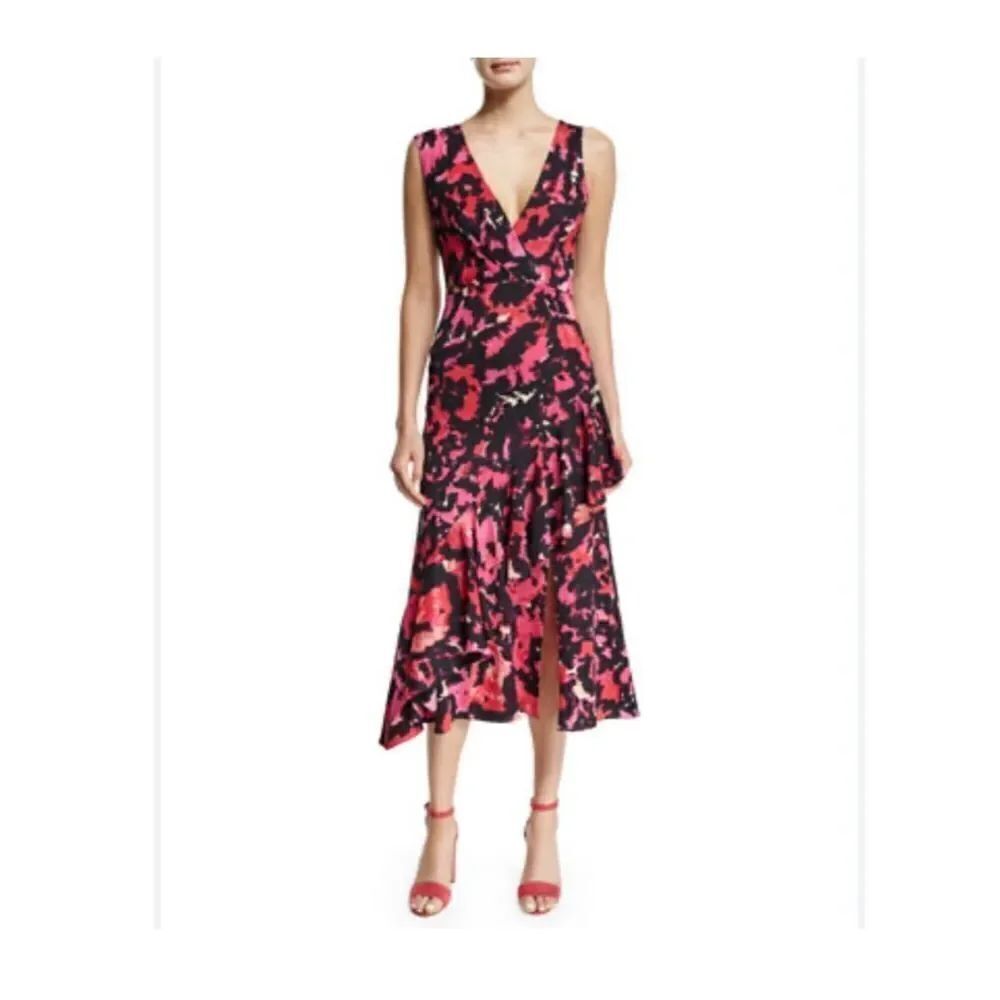 Tracy Reese Sleeveless Printed Midi Dress Hot Pink Floral Silk Ruffle 4 $398